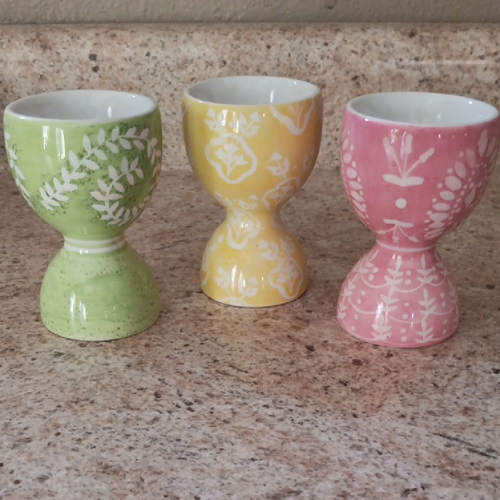 Pottery Barn Set of 3 Decorative Ceramic Egg Cups - Green, Yellow, Pink